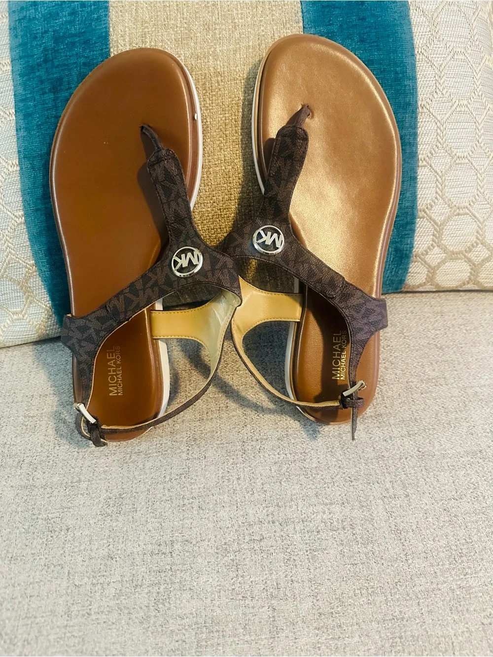 Michael Kors Brown Logo-T Strap Sandals with Tan Accents